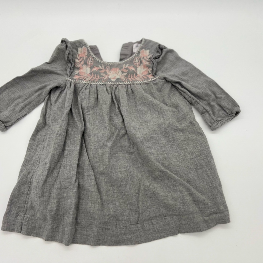 Baby Gap Gray Pink Floral Embroidered Long Sleeve Dress Sz 2 Toddler